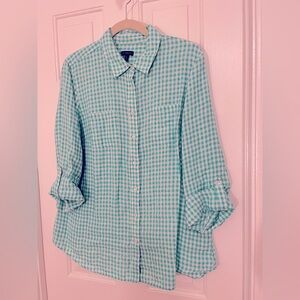 Talbots linen long sleeve button down shirt in Jade/white check. Size XL